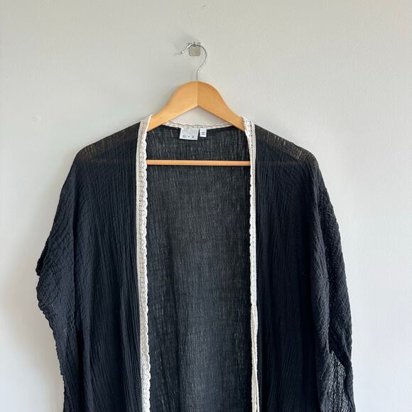 O + X Tasseled Lightweight Side Slit Open-Front Swim Coverup Black OS - Picture 5 of 7